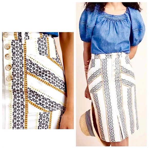Anthropologie Dresses & Skirts - ANTHROPOLOGIE LINEN PENCIL SKIRT Embroidered Spring Business Casual Size 10